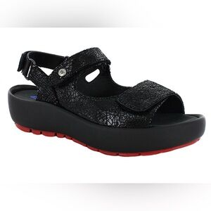 The Wolky Rio Black Leather Suede Crush Crash Adjustable Velcro Sandals Shoes 37
